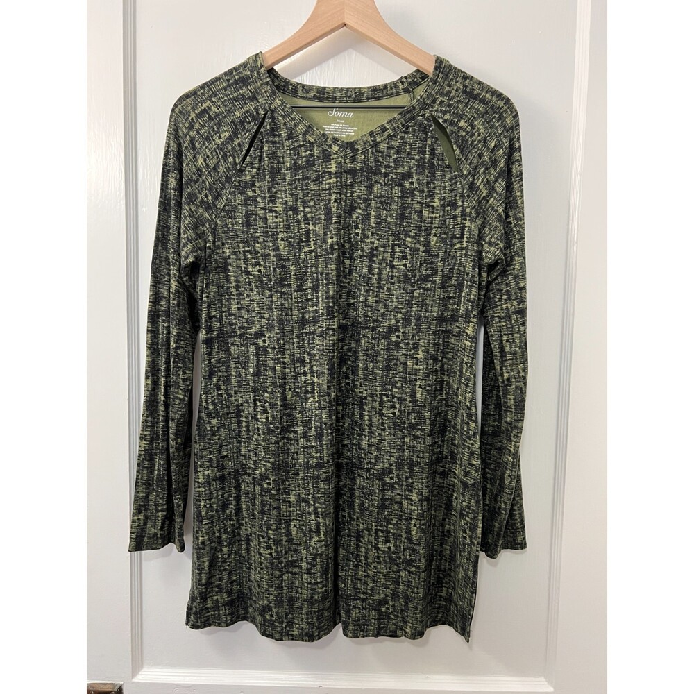 Soma Women's Green Black Tunic Top V-Neck with Cutouts and Side Slits Size S